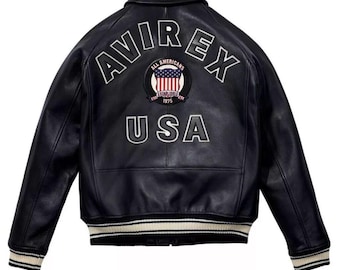 Chaqueta bomber americana Avirex negra para hombre, 100% cuero auténtico.