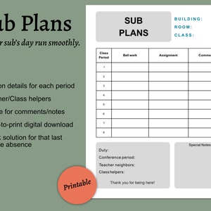 Peut inclure: Modèle de plan de cours imprimable en noir et blanc avec le texte "Sub Plans" et "Help your sub's day run smoothly." Le modèle comprend des sections pour la période de cours, le travail de cloche, le devoir, les commentaires, le devoir, la période de conférence, les voisins des enseignants, les aides en classe et les notes spéciales.