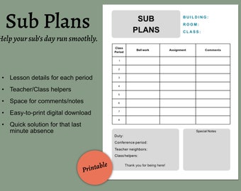 Editable Sub Plan Template for Substitute Teaching Planning (digital ...