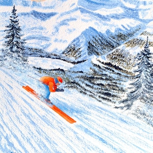 Zermatt Skiing Art Print: Swiss Alps, Matterhorn, Downhill Skier