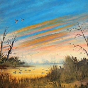 Caccia all'anatra serale Acquerello Arte Stampa Cani da lavoro Caccia Tiro Germani reali Draghi Canvasbacks in Mississippi