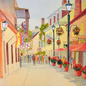St Augustine Aviles Street Florida Acquerello Arte Stampa USA Punti di riferimento