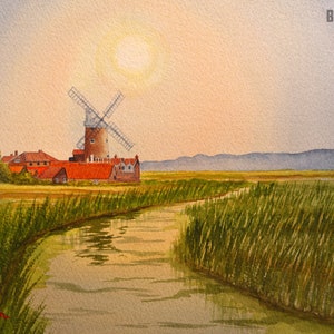 Cley Windmill And Marshes Norfolk England Watercolour Art Prints of European Cities and Landmarks