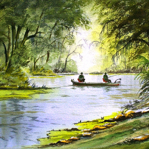 Fishing The Econfina River Florida Watercolour Art Print USA Sport Fishing