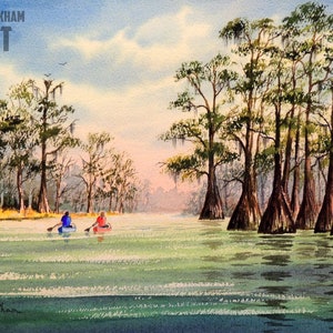 Canoa al fiume Suwannee Florida Acquerello Art Print USA Sport acquatici