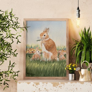 Lapins dans l'impression d'affiche d'art d'aquarelle de prairie | Impression d'art numérique de conception d'aquarelle et d'encre | Cadeau de décoration murale