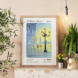 Poster di viaggio di Piazza San Marco, Venezia, Italia / Stampa artistica digitale con acquerello e inchiostro / Decorazione murale vintage