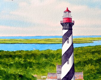 Faro de San Agustín Florida Acuarela Arte Impresión Estados Unidos Puntos de referencia