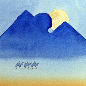 Giza By Moonlight Egypt Watercolour Art Print - Africa Watercolor Travel Wall Poster Print