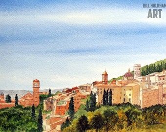 Assisi Italy Watercolour  - Basilica Of San Francesco - Europe Watercolor Travel Wall Poster Print