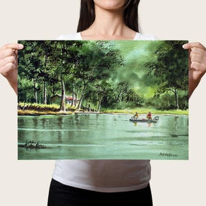 Stampa di pesca sul fiume Aucilla – Arte ad acquerello della Florida, decorazione murale di pesca sportiva, paesaggio naturale, opera d'arte di scena fluviale degli Stati Uniti