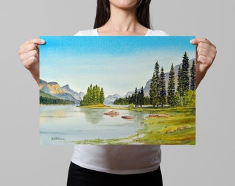 Impression à l'aquarelle du parc national du lac Maligne Jasper Canada | Impression d'art numérique de conception d'aquarelle et d'encre | Cadeau de décoration murale