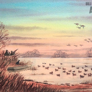 Caccia all'anatra con nonno Acquerello Stampa artistica Cani da lavoro Tiro Mallards Drakes Canvasbacks in Mississippi