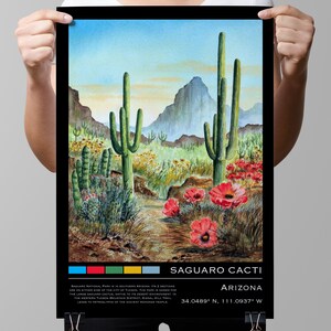 Saguaro Kaktus Arizona Reise Poster | Aquarell & Tusche Design Digital Art Print | Vintage Wanddeko