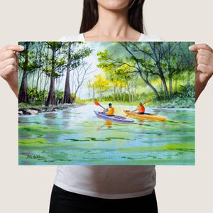Kayak Weeki Wachee Stampa – Arte acquerello della Florida, paesaggio fluviale, decorazione murale della natura, punto di riferimento degli Stati Uniti, arte di avventura all'aria aperta