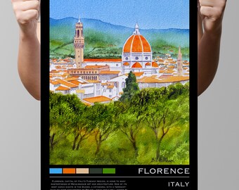 Może przedstawiać: Akwarela przedstawiająca panoramę Florencji we Włoszech, z Duomo, czyli ikoną miasta. Obraz został umieszczony na tle błękitnego nieba z białymi chmurami i zielonymi drzewami na pierwszym planie. Pod obrazem znajduje się tekst "FLORENCJA WŁOCHY 43.7696° N, 11.2558° E".