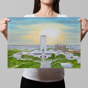 Stampa d'arte dell'acquerello / Tallahassee Florida Capitol impressioni / stampa del poster da parete di viaggio dell'acquerello USA