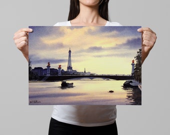 Watercolor Print of The Eiffel Tower Paris From The Seine | France Europe Watercolour Travel Wall Poster Print