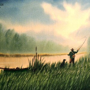 Fly Fishing America - Mans Best Friend - Acquerello Art Print USA Wildlife