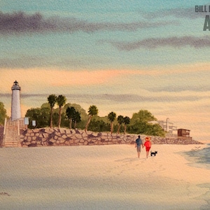 STAMPA ACQUERELLO FARO / St Simons Island Faro e Neptune Beach Georgia / Tempo tempestoso / Stampa artistica Monumenti americani
