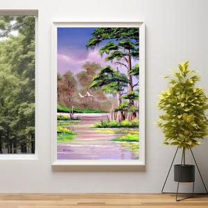 Stampa di cipressi sul fiume Wakulla – Arte murale del paesaggio della Florida, scena della fauna selvatica degli Stati Uniti, decorazione della natura, pittura a olio della palude del sud