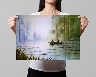 Fishing in Lake Georgia Watercolor Print  - Watercolour Art Print USA Wildlife