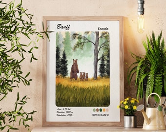 Banff Bears Canada Travel Poster | Watercolour & Ink Design Digital Art Print | Vintage Wall Decor