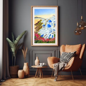 Santorini Watercolor Painting - Greek Island Wall Art, Blue Ocean & Seaside View, Mediterranean Decor, Travel Gift, Coastal Artwork