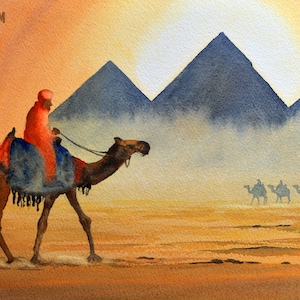Piramidi d'Egitto Stampa artistica ad acquerello - Tempesta di sabbia improvvisa - Africa Stampa poster da parete da viaggio con acquerello