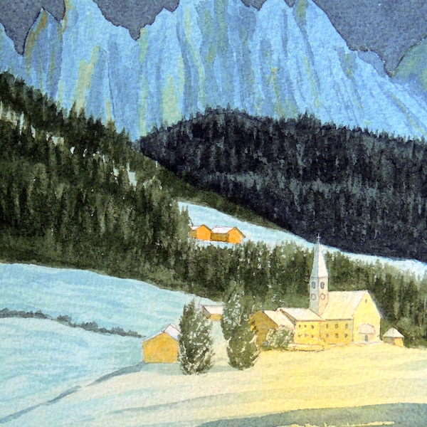 Santa Maddalena Val di Funes Alto Adige Italy Watercolour Art Print - Italy Europe Watercolor Travel Wall Poster