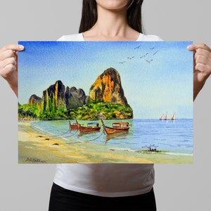 Krabi Thailand Watercolor Print: Long-tail Boats, Railay Beach