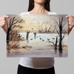 Duck Hunting Watercolor Art Print Poster di viaggio / Watercolor & Ink Design Digital Art Print / Wall Decor Gift
