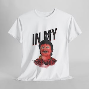 May include: White t-shirt with a black and red graphic print of a man with a mustache and the text "IN MY CHOTE PANDIT ERA".