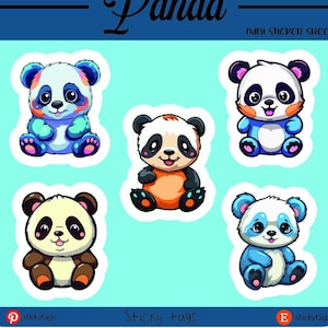 May include: A sheet of five panda stickers. The stickers are all different colours and have different expressions. The stickers are on a blue background with the text "Panda" and "Mini Sticker Sheet".