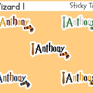 May include: A collection of "Anthony" sticky tags in various colors, including orange, green, and blue. Each tag features a tie and scarf design, with the text "Anthony" in a stylized font. The background is a light orange color, and the text "Wizard I" and "Sticky Tags" are at the top.