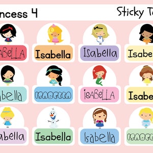 Adesivi personalizzati con nome fustellato principessa - Etichette per bambini - Etichette per asili nido - Etichette impermeabili - Etichette principessa - Set da 4