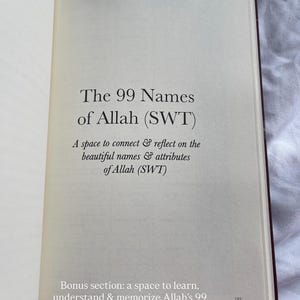 May include: Open book with text: "The 99 Names of Allah (SWT)". The page includes the text "A space to connect & reflect on the beautiful names & attributes of Allah (SWT)" and "Bonus section: a space to learn, understand & memorize Allah's 99 beautiful names."
