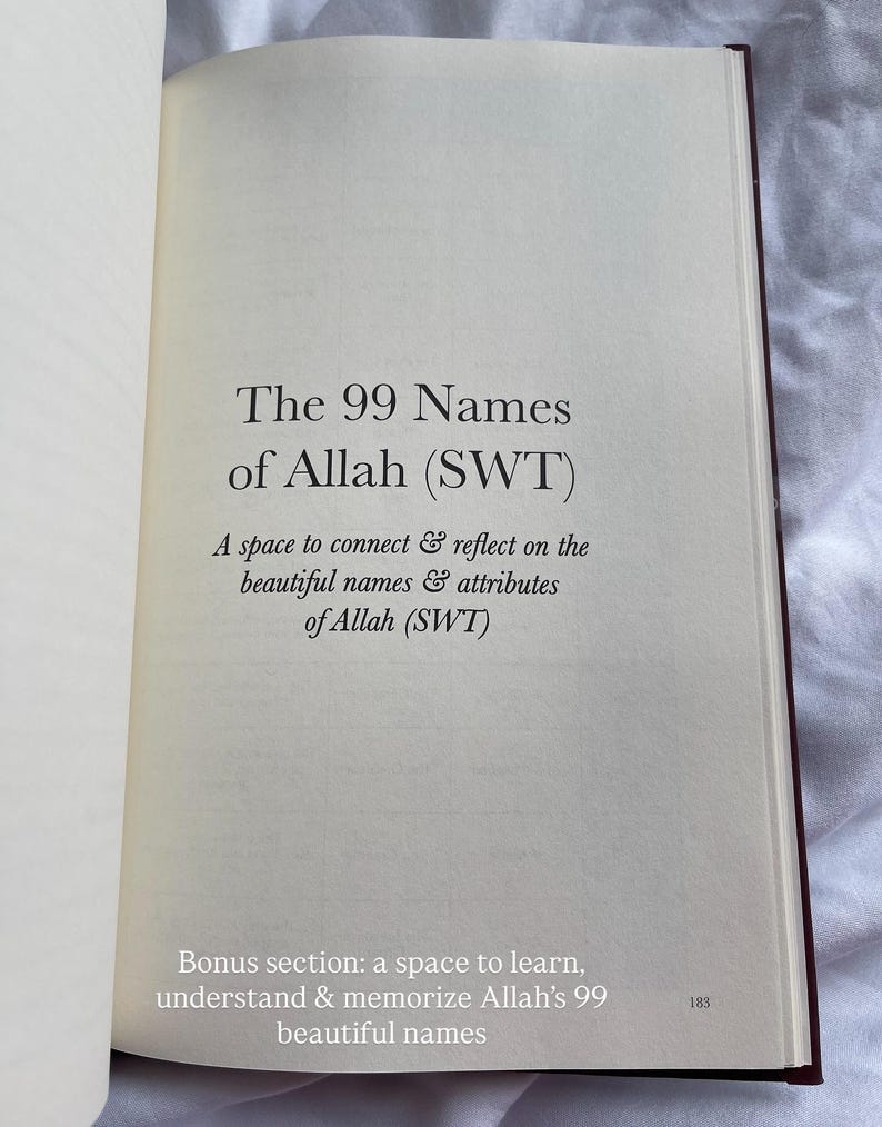 May include: Open book with text: "The 99 Names of Allah (SWT)". The page includes the text "A space to connect & reflect on the beautiful names & attributes of Allah (SWT)" and "Bonus section: a space to learn, understand & memorize Allah's 99 beautiful names."