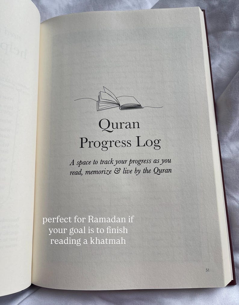 May include: Open book with the title "Quran Progress Log" and the text "A space to track your progress as you read, memorize & live by the Quran." The page also includes the text "perfect for Ramadan if your goal is to finish reading a khatmah."