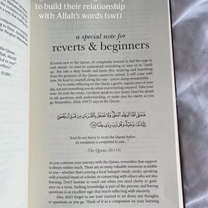May include: Open book with text about building a relationship with Allah's words. The page features a special note for reverts and beginners, with text in English and Arabic. The book is open on a white surface.