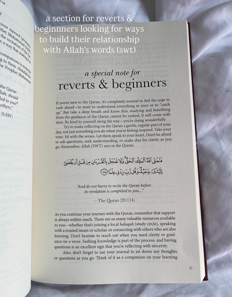 May include: Open book with text about building a relationship with Allah's words. The page features a special note for reverts and beginners, with text in English and Arabic. The book is open on a white surface.