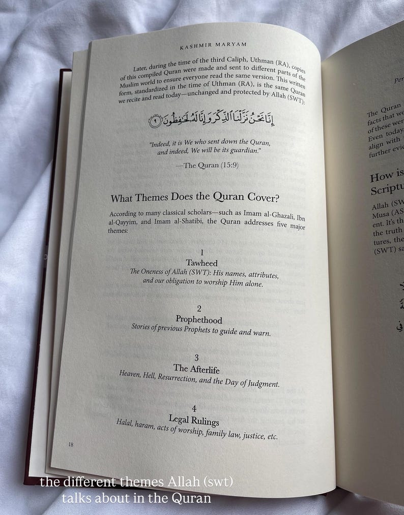 May include: Open book with text in Arabic and English. The page displays the title "Kashmir Maryam" and discusses the Quran's themes: Tawheed, Prophethood, The Afterlife, and Legal Rulings. The text "the different themes Allah (swt) talks about in the Quran" is at the bottom.