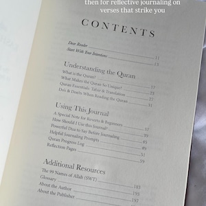 May include: Open book with the title "CONTENTS" and sections on understanding the Quran, journaling, and additional resources. The text includes "Dear Reader," "What is the Quran?" and "The 99 Names of Allah (SWT)."