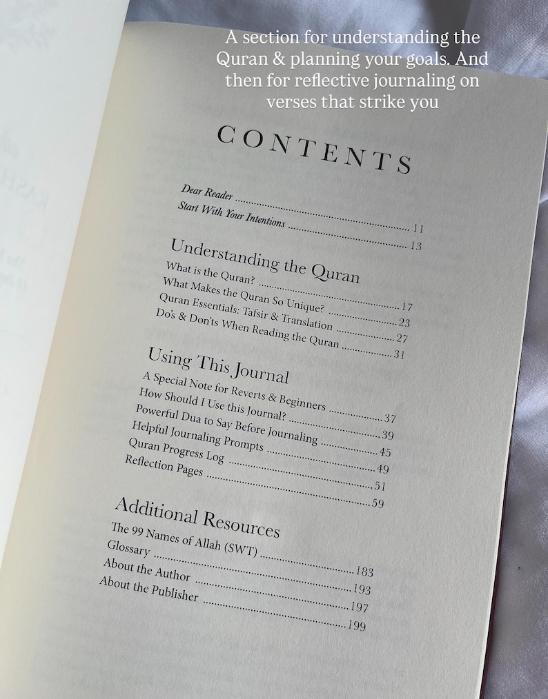 May include: Open book with the title "CONTENTS" and sections on understanding the Quran, journaling, and additional resources. The text includes "Dear Reader," "What is the Quran?" and "The 99 Names of Allah (SWT)."
