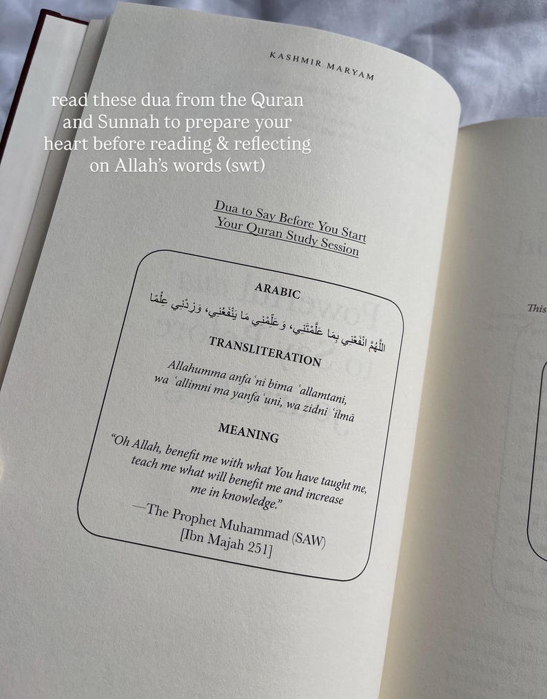 May include: Open book with text in Arabic and English. The text includes a prayer for knowledge and understanding, with transliteration and meaning provided. The book is titled "Kashmir Maryam".