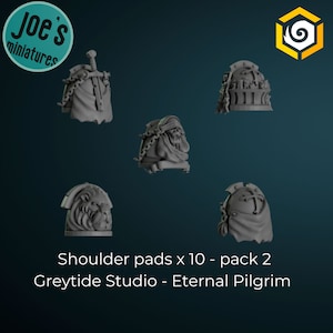 Puede incluir: Un conjunto de 5 hombreras de plástico gris para figuras en miniatura. Las hombreras presentan diferentes diseños, incluyendo una calavera, un león y una espada. El texto "Shoulder pads x 10 - pack 2 Greytide Studio - Eternal Pilgrim" es visible en la parte inferior de la imagen.