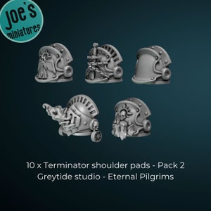 May include: Ten grey plastic Terminator shoulder pads with various designs, including a skull, a winged figure, and a sword and chain. The text "10 x Terminator shoulder pads - Pack 2 Greytide studio - Eternal Pilgrims" is printed below the shoulder pads.