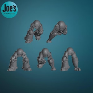 May include: Five gray miniature robot legs with riveted armor plating. The legs are in various positions, suggesting movement or action. The Joe's Miniatures logo is in the upper left corner.