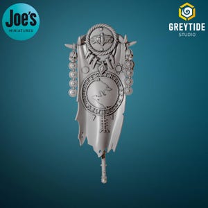 May include: A gray miniature banner with a wolf emblem, runes, and decorative elements. The banner has a circular design with a wolf silhouette, surrounded by runes. The top features a circular emblem and decorative beads. The banner is designed for miniatures.