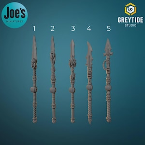 May include: Five gray miniature spears with different blade and handle designs. The spears are numbered 1 through 5. The image includes the text "Joe's Miniatures" and "Greytide Studio".